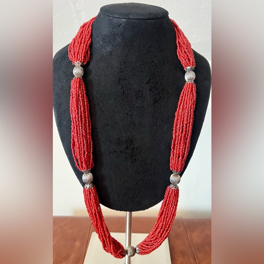 Navajo 1960s Red Seed Bead Necklace large textured silver spacers handmade 30.5”